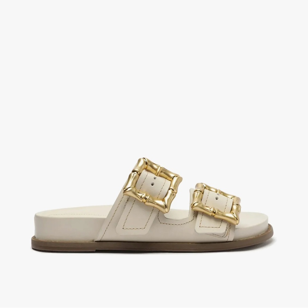 Schutz Enola Leather Sandal with gold buckles in Pearl